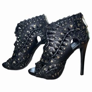 Bebe Emerson Black & Gold Heels Laser Cut Bootie Open Toe Stilettos Studded